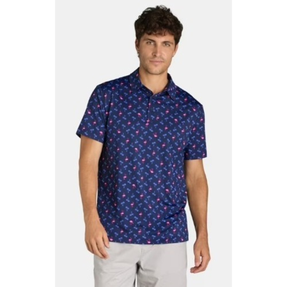 Birdie Bound Mens XL Flamingo Palm Tree Performance‎ Golf Polo Navy Blue Pink